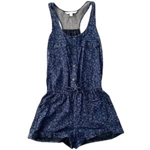 American Eagle Blue & Black Floral Waist Tie Racerback Romper